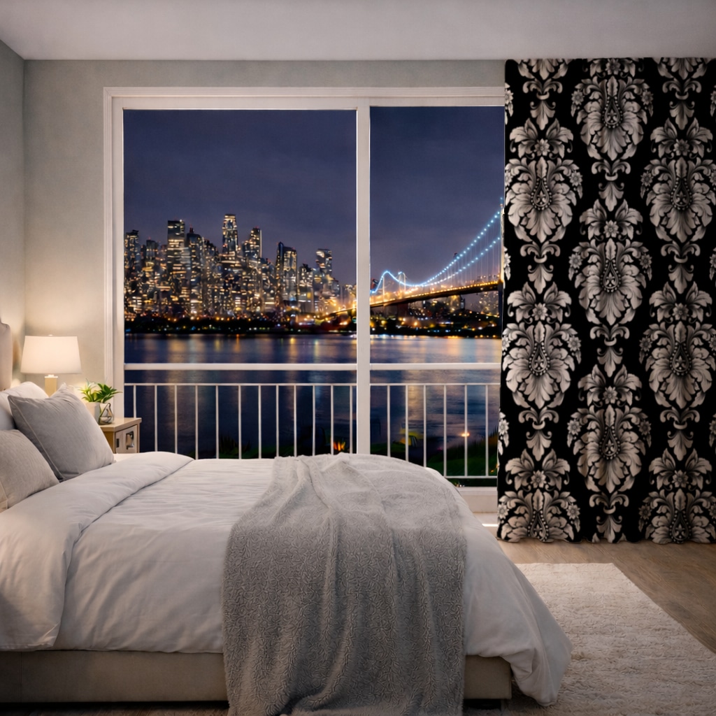 Elegant Black and White Damask Seamless Pattern Drapes Görünüm 3