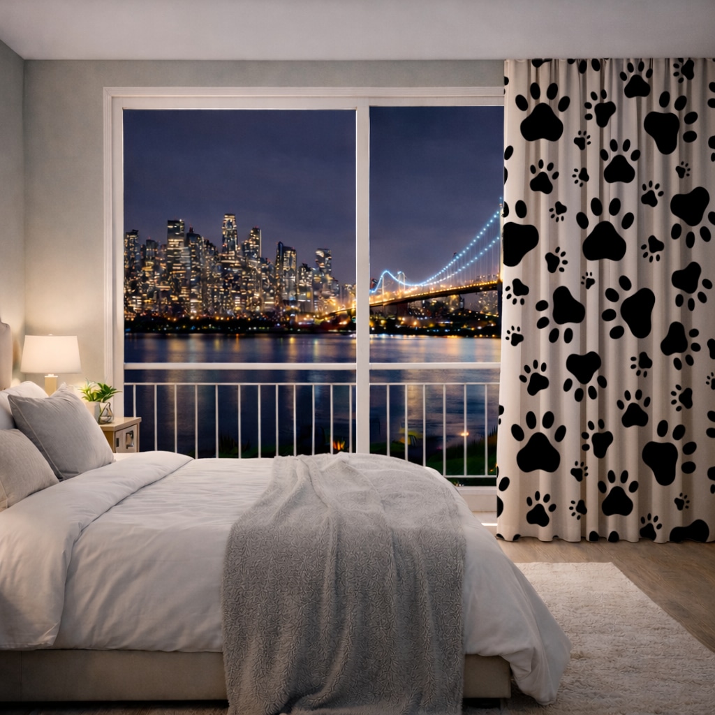 Black and White Paw Pattern Design Drapes Görünüm 4