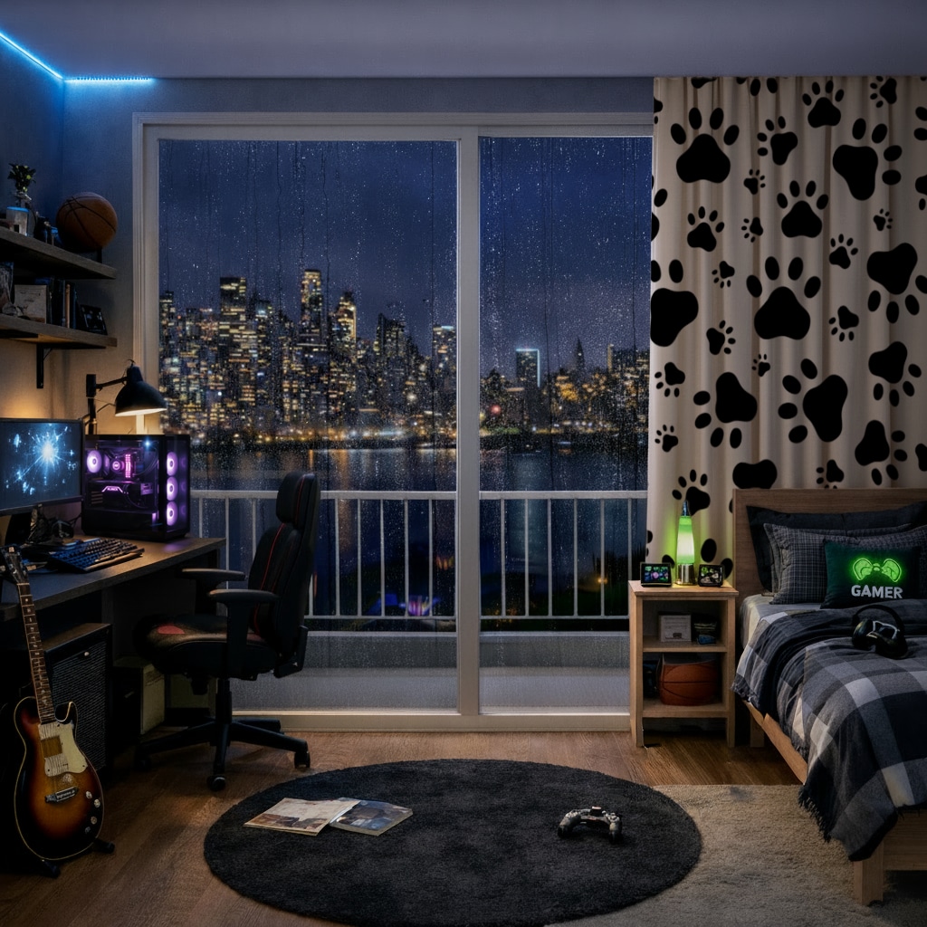 Black and White Paw Pattern Design Drapes Görünüm 1